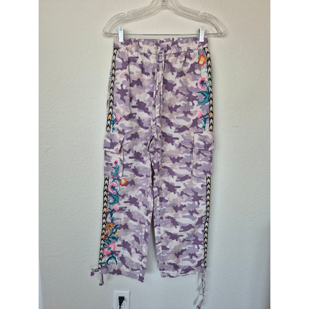 Sundance Purple Camo Floral Embroidered Cargo Pants Linen Blend Size Small
